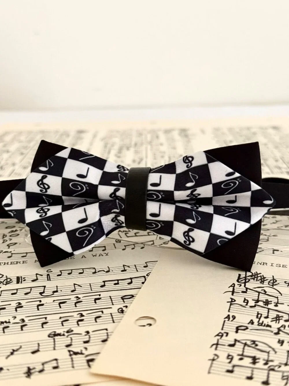 Black White Music Note Bow Tie Checkerboard Adjustable Pre Tied Musician
